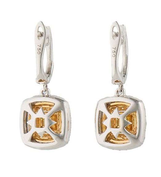New 1.20ctw Cushion Fancy Yellow Diamond Double Frame Drop Earrings in 18K