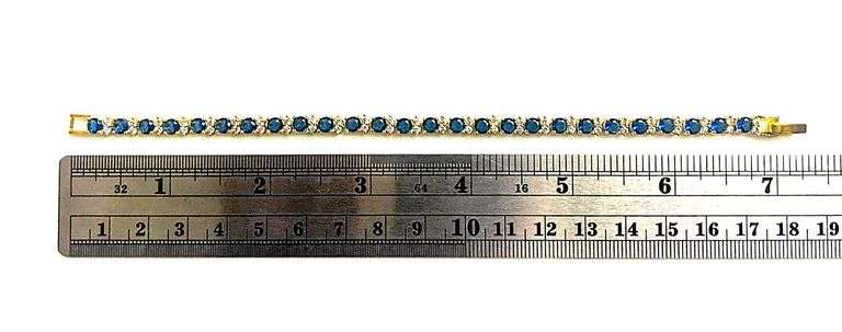 18 Kt Yellow Gold Plated Lab Simulated Deep Violet Blue Tanzanite and Diamond Tennis Bracelet