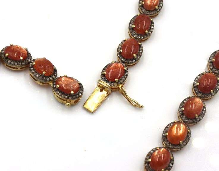Breathtaking Brand New European 20.50CTW Oval Cabochon-Cut Sunstone Gemstone & 3.60CTW Diamond Tenni