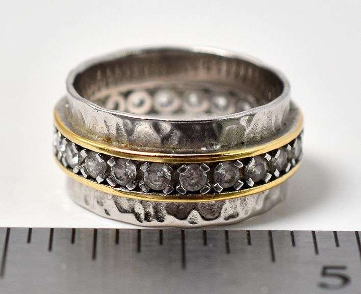 Inlaid CZ Textured Band Ring in Sterling Silver