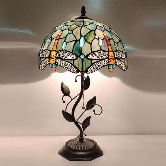 Dragonfly Stained Glass Table Lamp with Metal Leaf Base