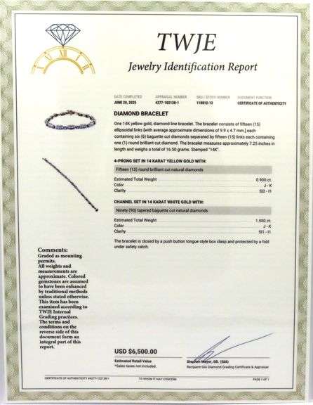 14kt Yellow gold 2.40ctw round brilliant and baguette diamond link station bracelet