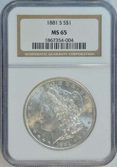 Blazing-white solid Gem BU 1881-S Morgan Silver Dollar. NGC MS65