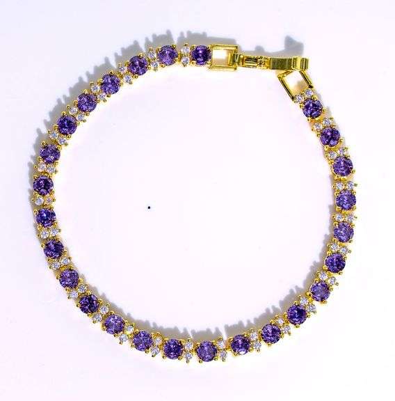 18 Kt White Gold Plated  Lab Simulated Russian Alexandrite Diamond Tennis Bracelet