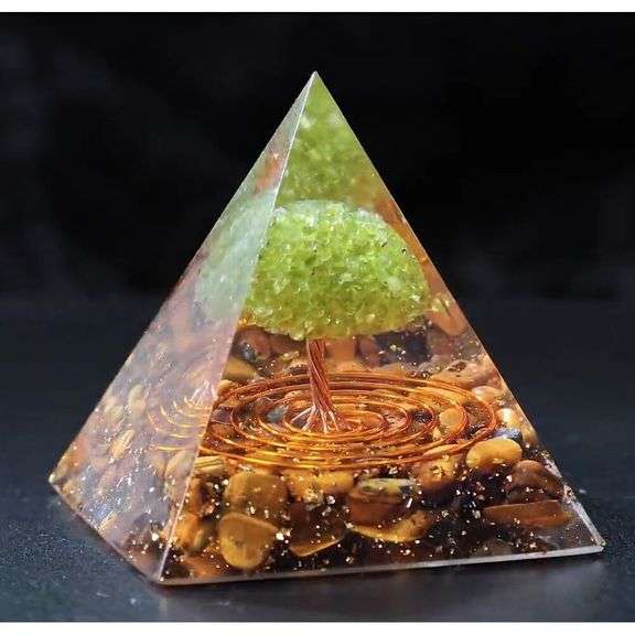 Tree of Life Peridot and Tiger's Eye Crystal Pyramid