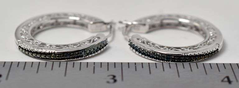 Blue Diamond Hoop Earrings in Sterling Silver