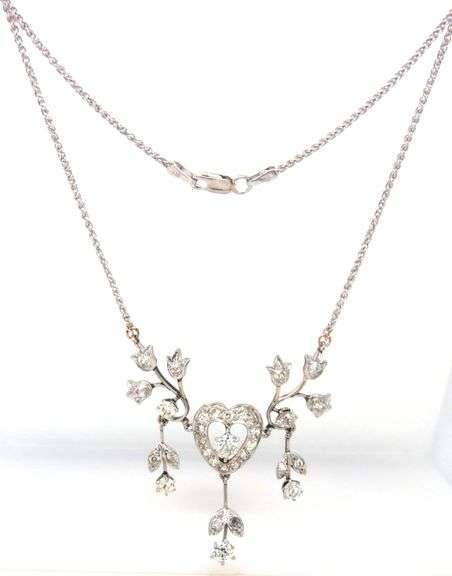 Vintage heart flower diamond dangle pendant on chain necklace in white gold