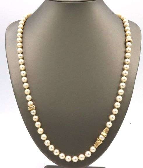 Gold bead and 8mm pearl endless necklace in yellow gold