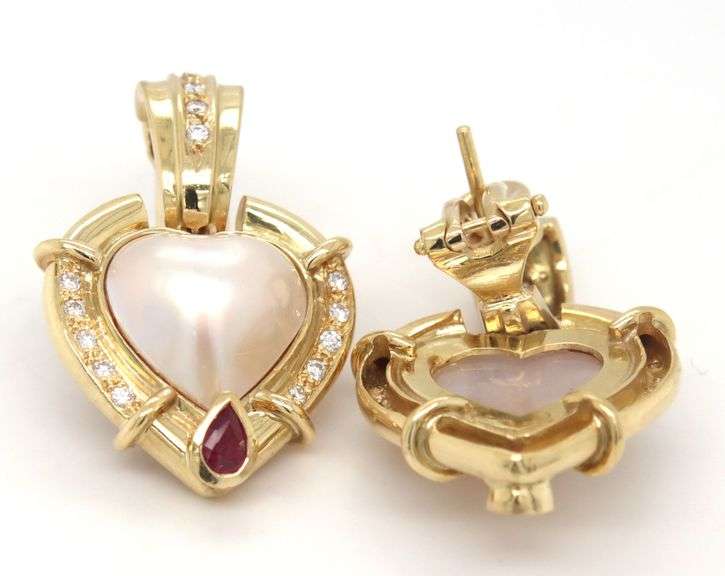 18kt Yellow gold heart mabe pearl, ruby and diamond accent earrings