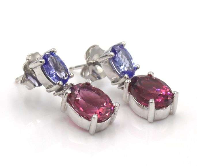 14kt White gold 1ctw tanzanite and pink tourmaline dangle earrings