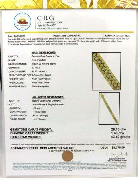 Fabulous Brand New European 26.10CTW Ethiopian Opal W/ Fire & Diamond Bracelet in 14K Yellow Gold Ov
