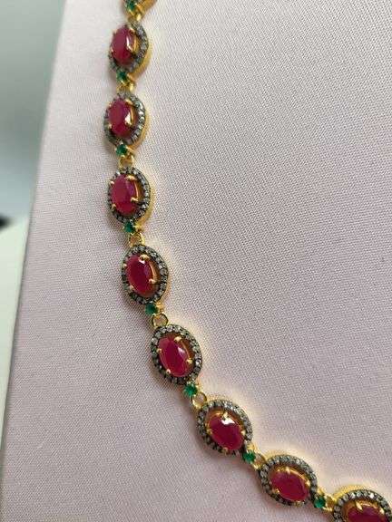 18" Necklace with 37 Natural Rubies, Diamond Accents & 36 Emerald Design Elements in Sterling Silver