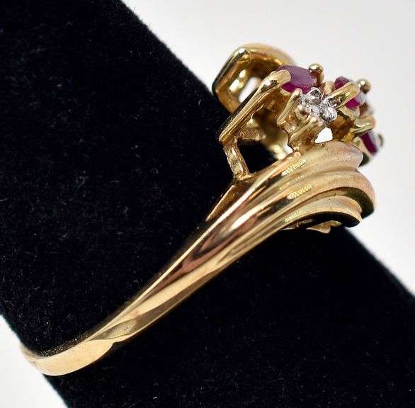 Sparkling 10K Yellow Gold Ruby Gemstone and Diamond Ring