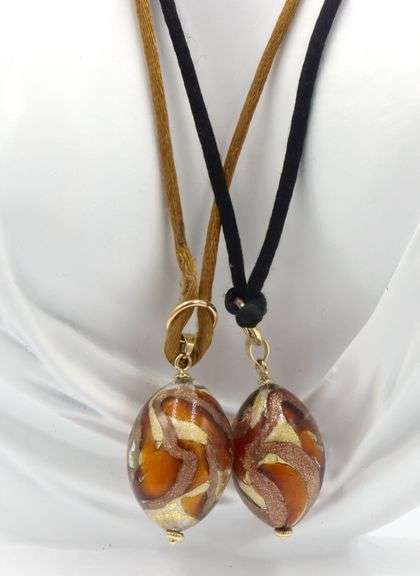Double Murano glass necklace and earrings in 14kt yellow gold