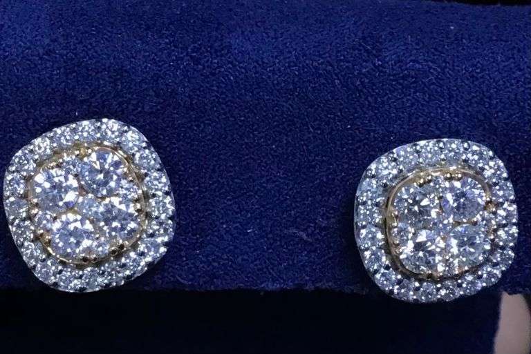 14K Two-Tone Gold Round Brilliant Cut Diamond Cluster Earring