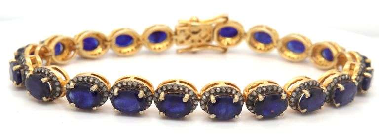 Captivating 19.30CTW Oval Faceted Blue Sapphire & 1.40CTW Diamond Bracelet in 14K Yellow Gold Over S