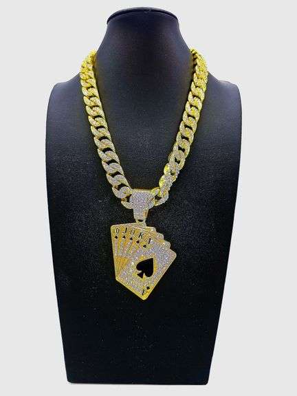 Dazzling Huge 178 Gram 14 Kt Gold Plate Royal Flush Necklace Pendant