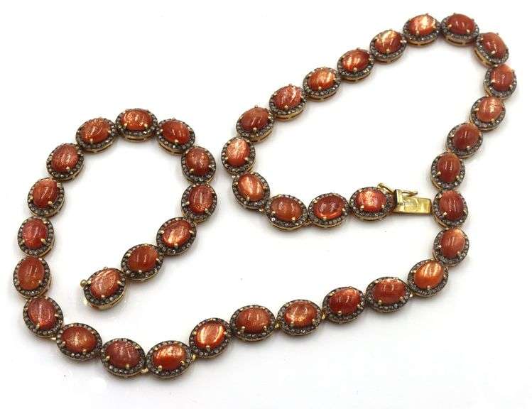 Enchanting 20.50CTW Oval Cabochon-Cut Sunstone Gemstone & 3.60CTW Diamond Tennis Necklace in 14K Yel