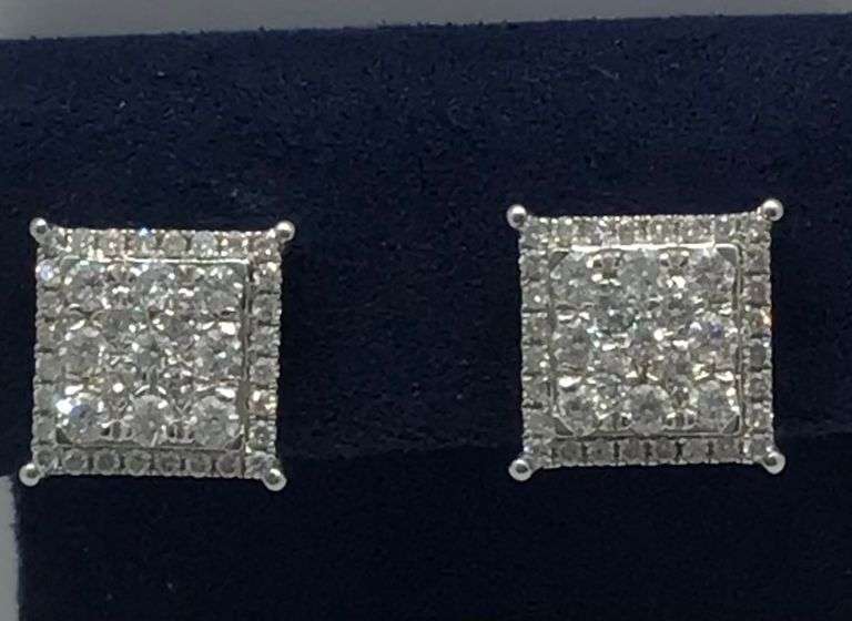 14K White Gold Round Brilliant Cut Diamond Cluster Earring