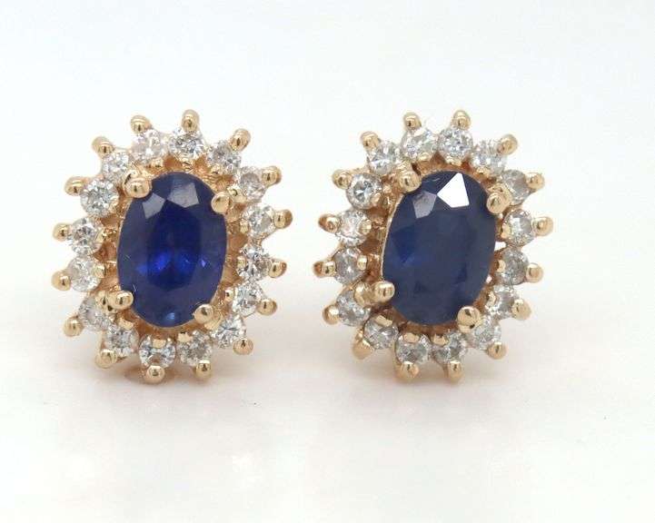14kt Yellow gold oval blue sapphire halo diamond stud earrings