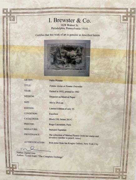 Rare Pablo Picasso Drypoint Etching Stamped Signature, 1942