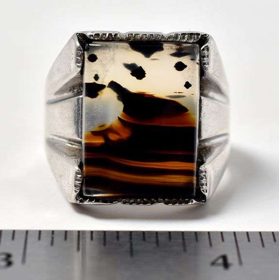 Banded Agate Gemstone Men's Ring in Sterling Silver