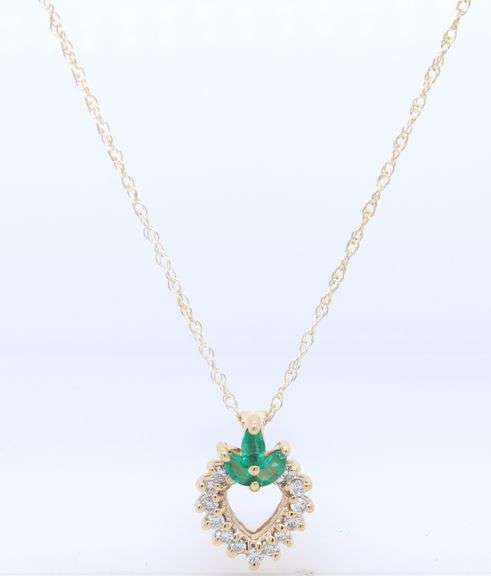 14kt Yellow Gold Emerald and Diamond Heart Shaped Pendant on Chain
