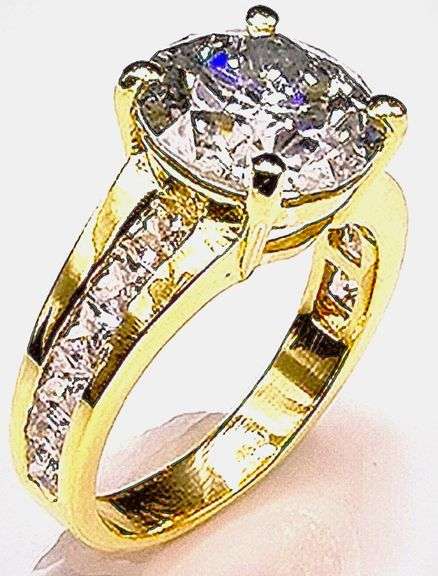 Large 14 K Yellow Gold Plated Huge 4.5 Ct Simulated Diamond Ring