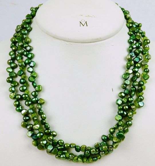 Triple Strand Green Pearl Necklace with Sterling Clasp