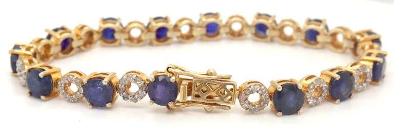 Adorable 18.00CTW Round Faceted Blue Sapphire & Diamond Bracelet in 14K Yellow Gold Over Sterling Si