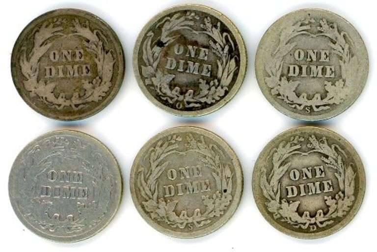 6 Different Barber Silver Dimes: 1897-1914-D