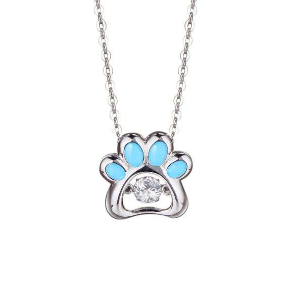 Cute Dog paw center stone pendant in solid sterling silver.with blue enamel in