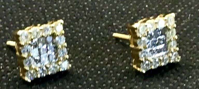 14K Yellow Gold Princess Cut Diamond Cluster Earring