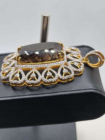 Massive 98.0ct Lemon-Cut Natural Quartz Pendant with Diamond Accents in Sterling Silver