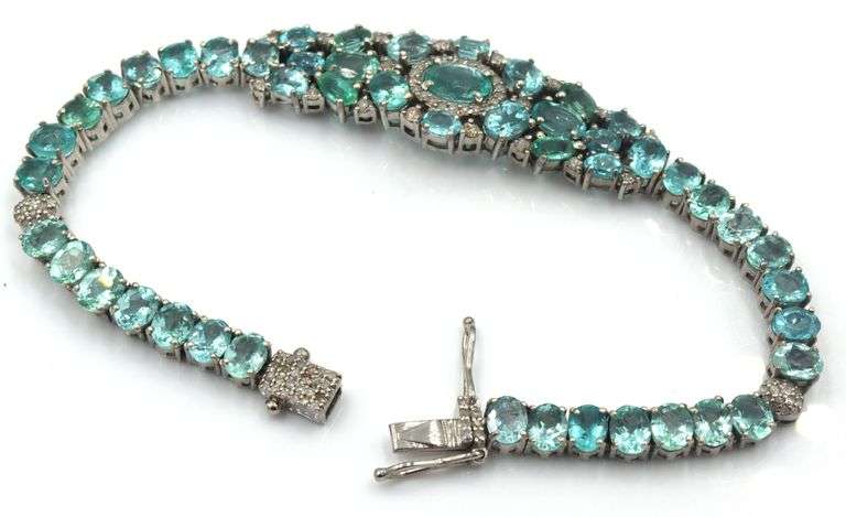Gorgeous 17.85CTW Aqua Blue Apatite & Diamond Bracelet in 14K White Gold Over Sterling Silver