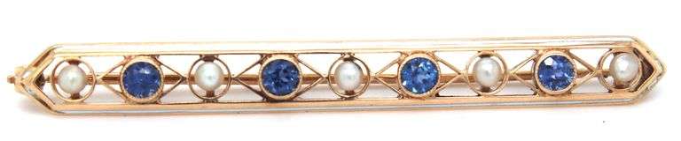 Antique Enamel, blue sapphire and pearl brooch in 14kt yellow gold
