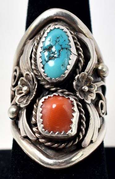 Turquoise and Coral Gemstone Ring in Sterling Silver