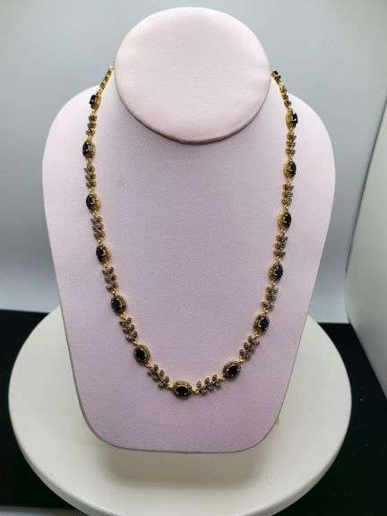 18" Necklace with 18 Natural Sapphire, Diamond Accents in Sterling Silver