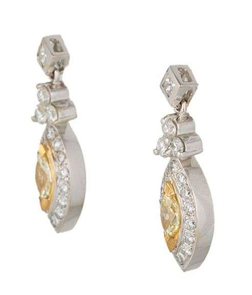 2.20ctw Fancy Yellow and White Diamond Frame Marquise Shaped Dangle Earrings in 14K