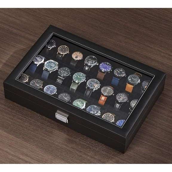 24-Slot Lockable Watch Box with Glass Lid