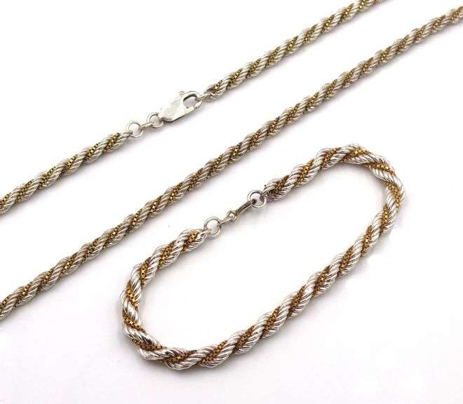 Set of Italian 925 sterling silver two tone necklace and bracelet