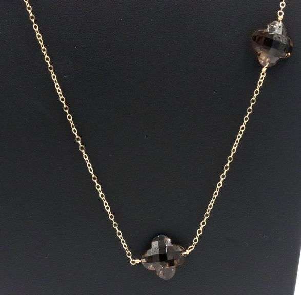 14kt Yellow gold smokey quartz clover station necklace