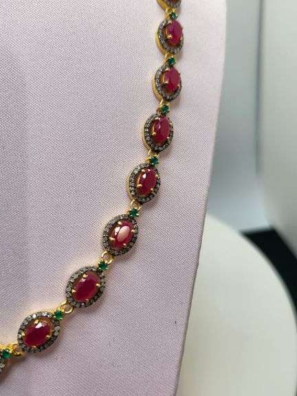 18" Necklace with 37 Natural Rubies, Diamond Accents & 36 Emerald Design Elements in Sterling Silver