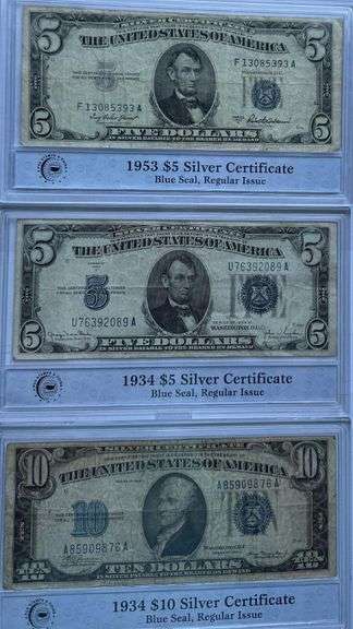$5 1934 D $5 1953 A $10 1934 A Silver Certificates.