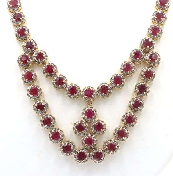 Jaw Dropping 47.95CTW Round Faceted Ruby & 8.65CTW Diamond Necklace in 14K Yellow Gold Over Sterling