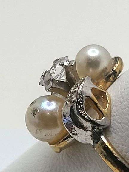 Antique 18K yellow gold vintage natural pearl and diamond ring size# 9