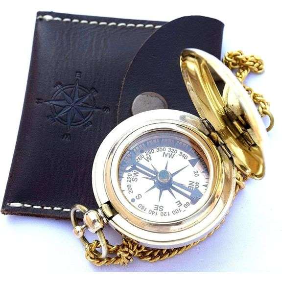 Handmade Brass Pocket Compass with Leather Case