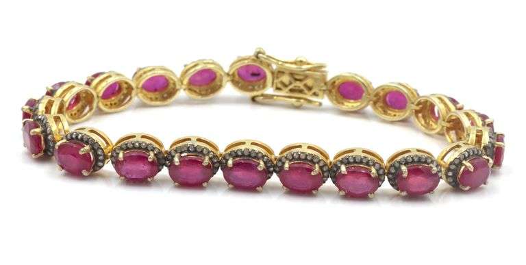 Dreamy 22.00CTW Oval Emerald-Cut Raspberry Red Ruby & Diamond Bracelet in 14K Yellow Gold Over Sterl