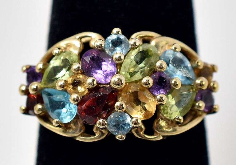 Colorful Amethyst, Citrine, Topaz, Garnet, and Peridot Ring in 10k Yellow Gold
