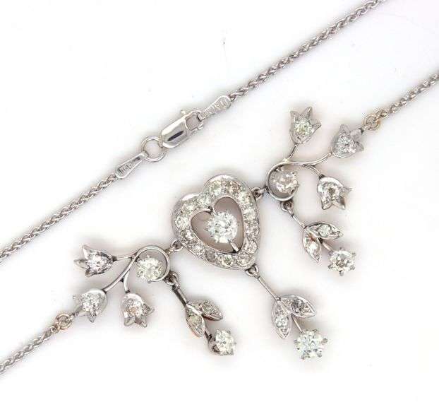 Vintage heart flower diamond dangle pendant on chain necklace in white gold